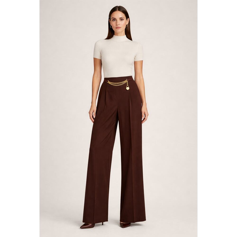 Lauren Ralph Lauren Black Label Brown Gold Chain Locket Wide Leg Pant Women 12
